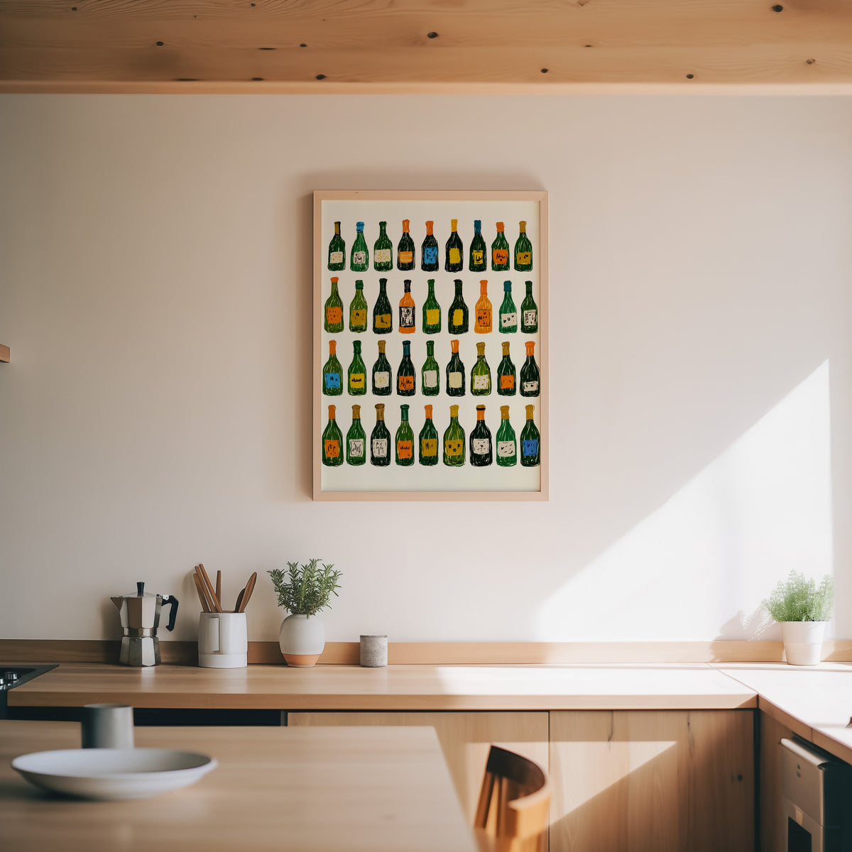 Wine bottle grid print in an oak frame above a wood counter with a moka pot