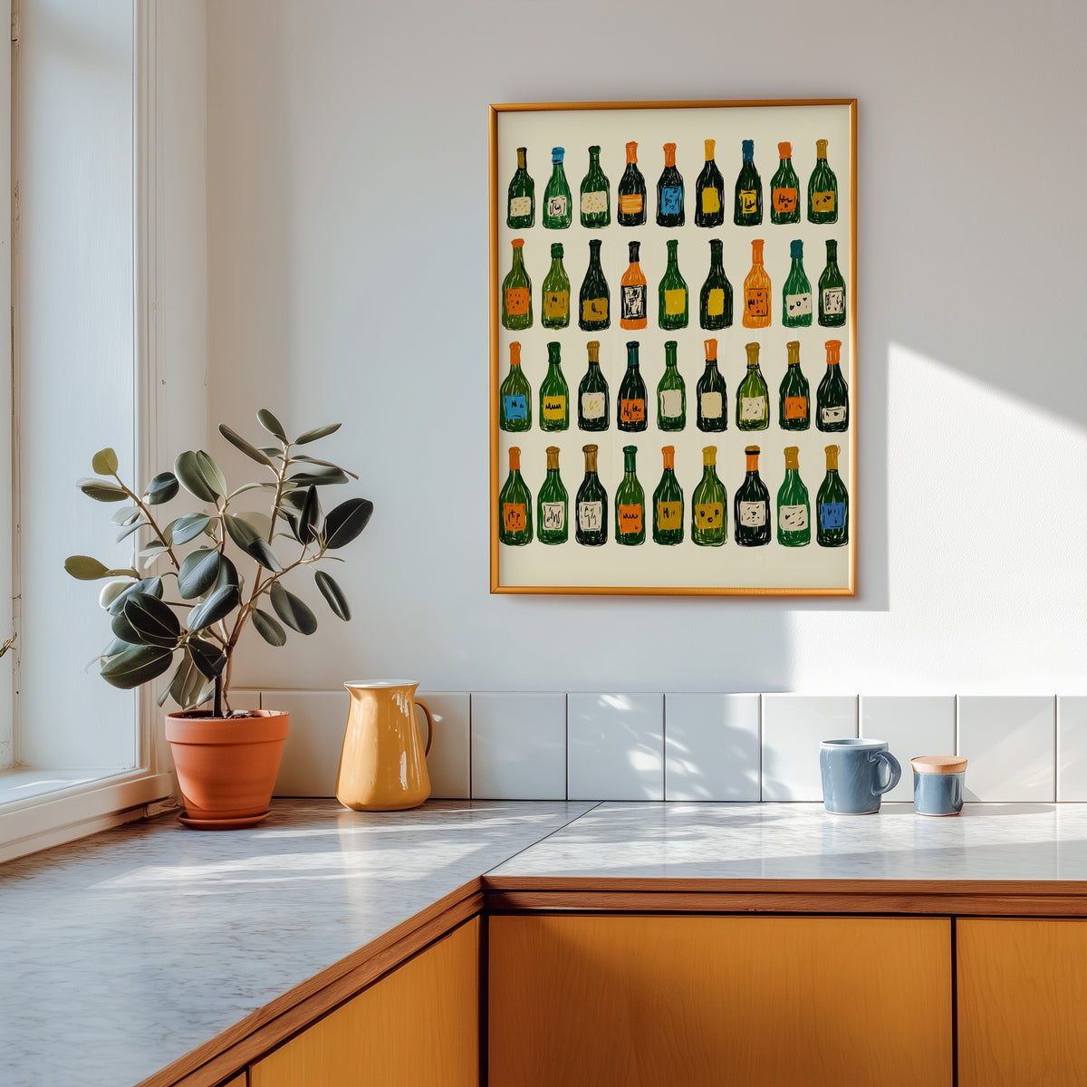 Wine bottle grid print in a gold frame above a marble counter with a yellow jug