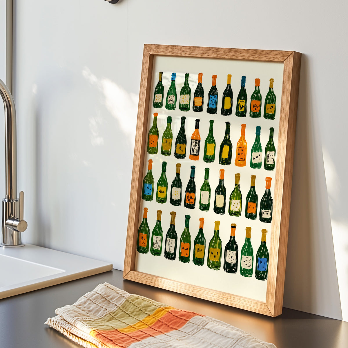 Wine bottle grid print in an oak frame by the sink with a striped tea towel