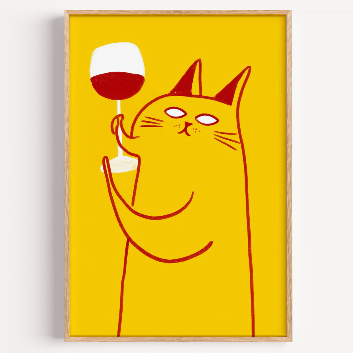 Wine Cat red line print in a light oak frame on a plain white wall