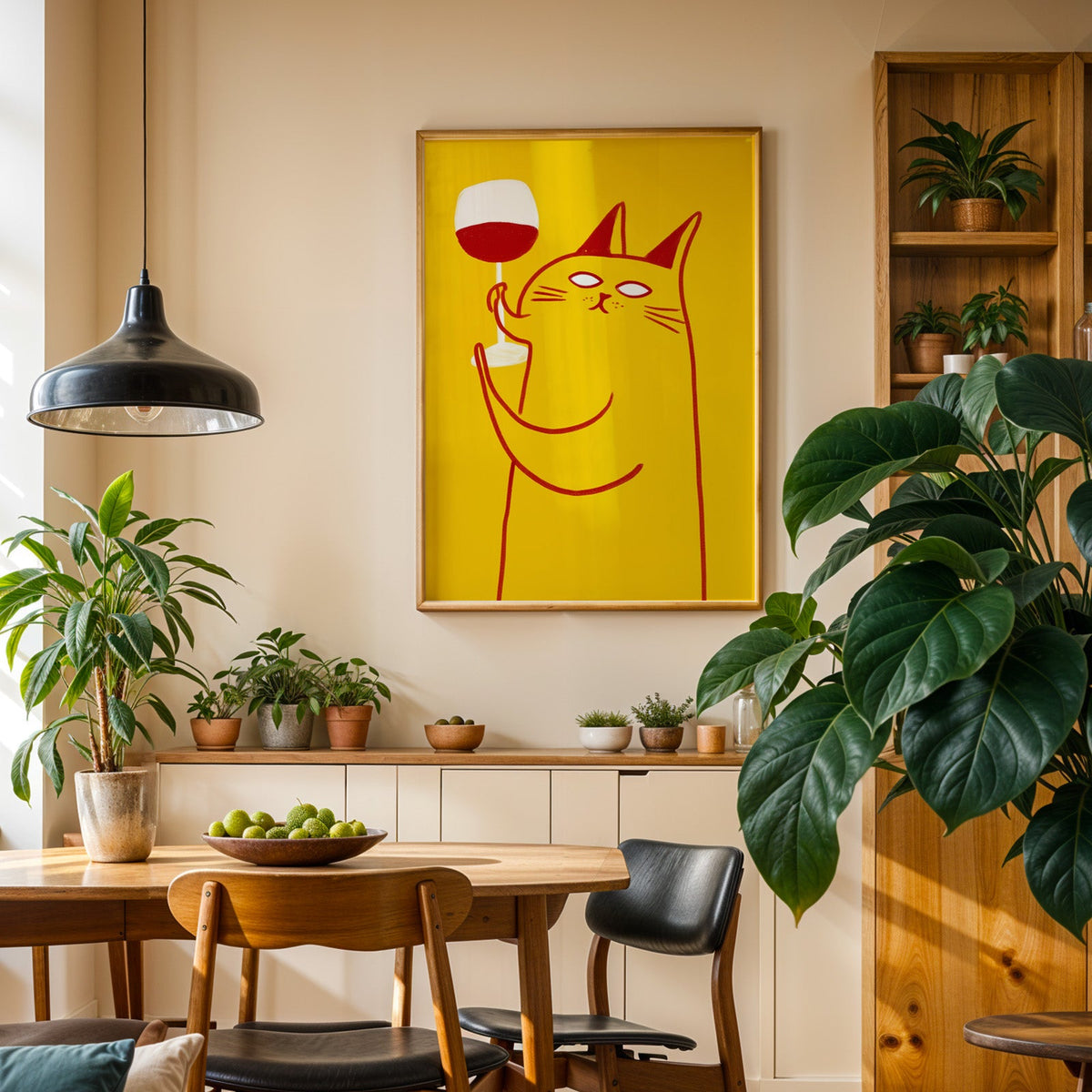 Wine Cat print in an oak frame in a dining room above a plant-lined sideboard