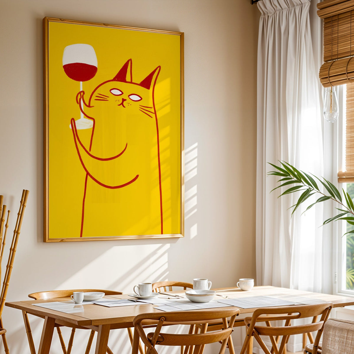 Wine Cat print shown in a gold frame above a breakfast table by a curtained window