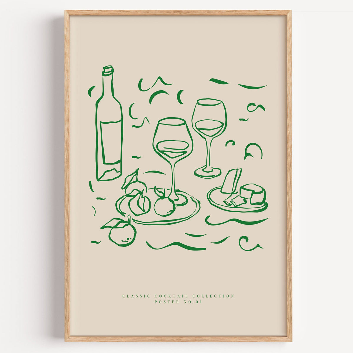 Wine and cheese still life poster in one green line, shown flat on a plain white background