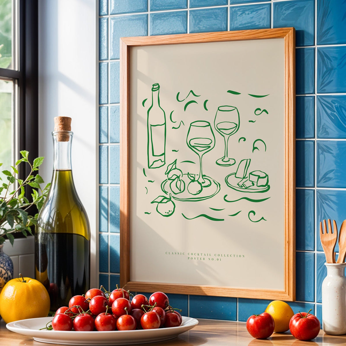 Green line wine and cheese print in an oak frame against blue tiles with olive oil and cherries