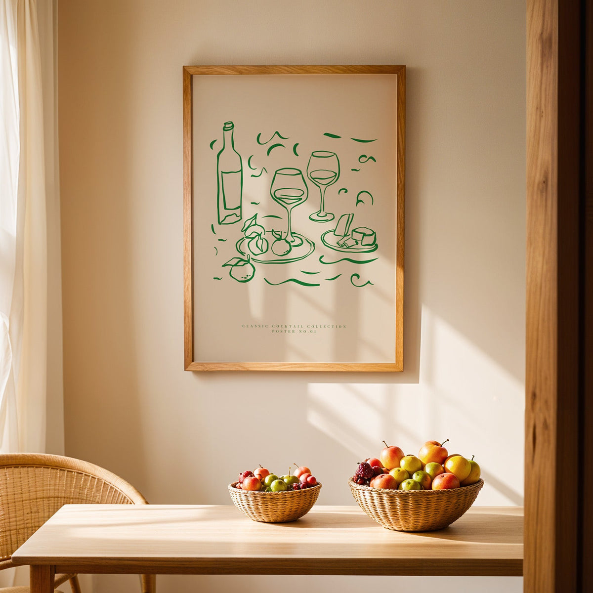 Green line wine and cheese print in an oak frame above a dining table with rattan chairs