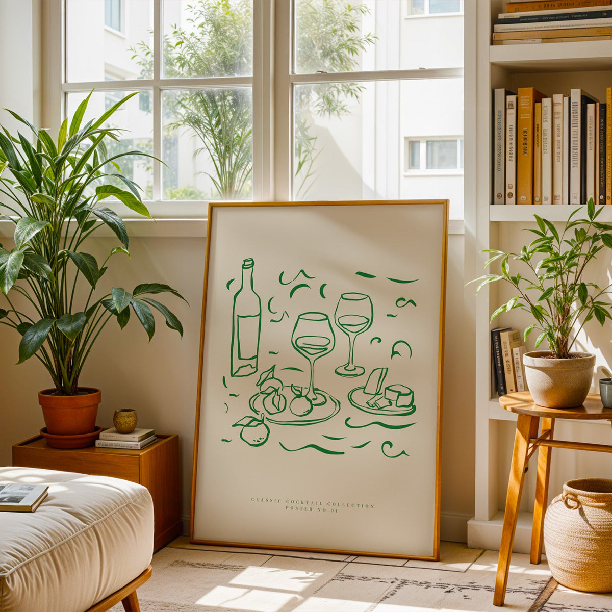 Green line wine and cheese print in a brass frame resting on a berber rug in a living room
