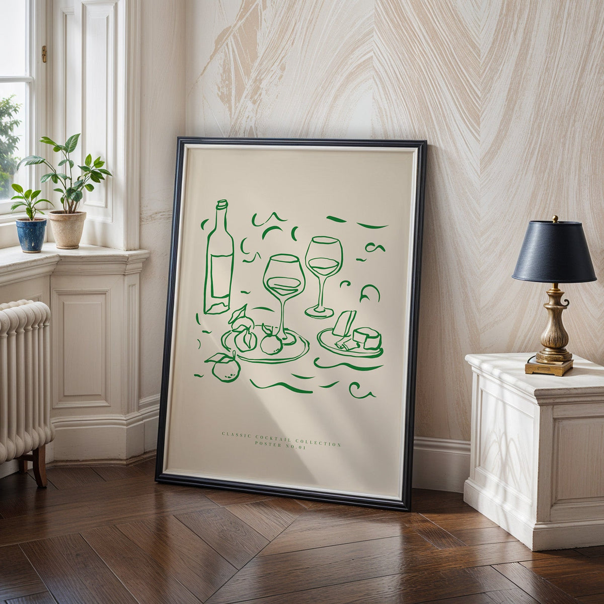 Green line wine and cheese print in a black frame on a dark herringbone floor
