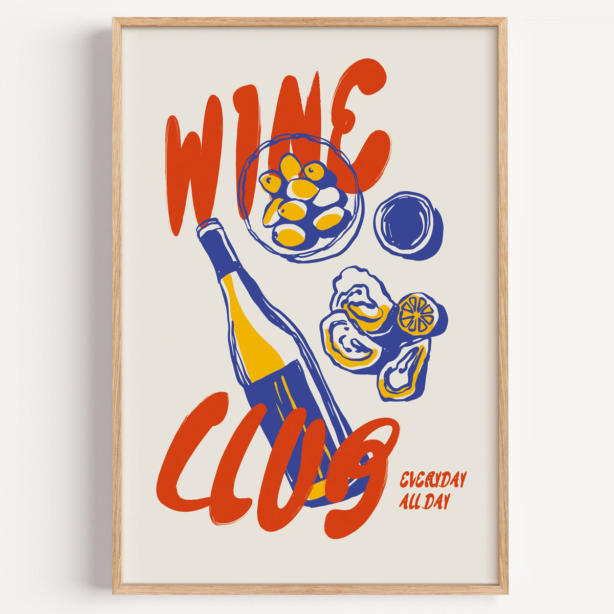 Wine Club oysters and olives poster in cobalt and red on a plain white background