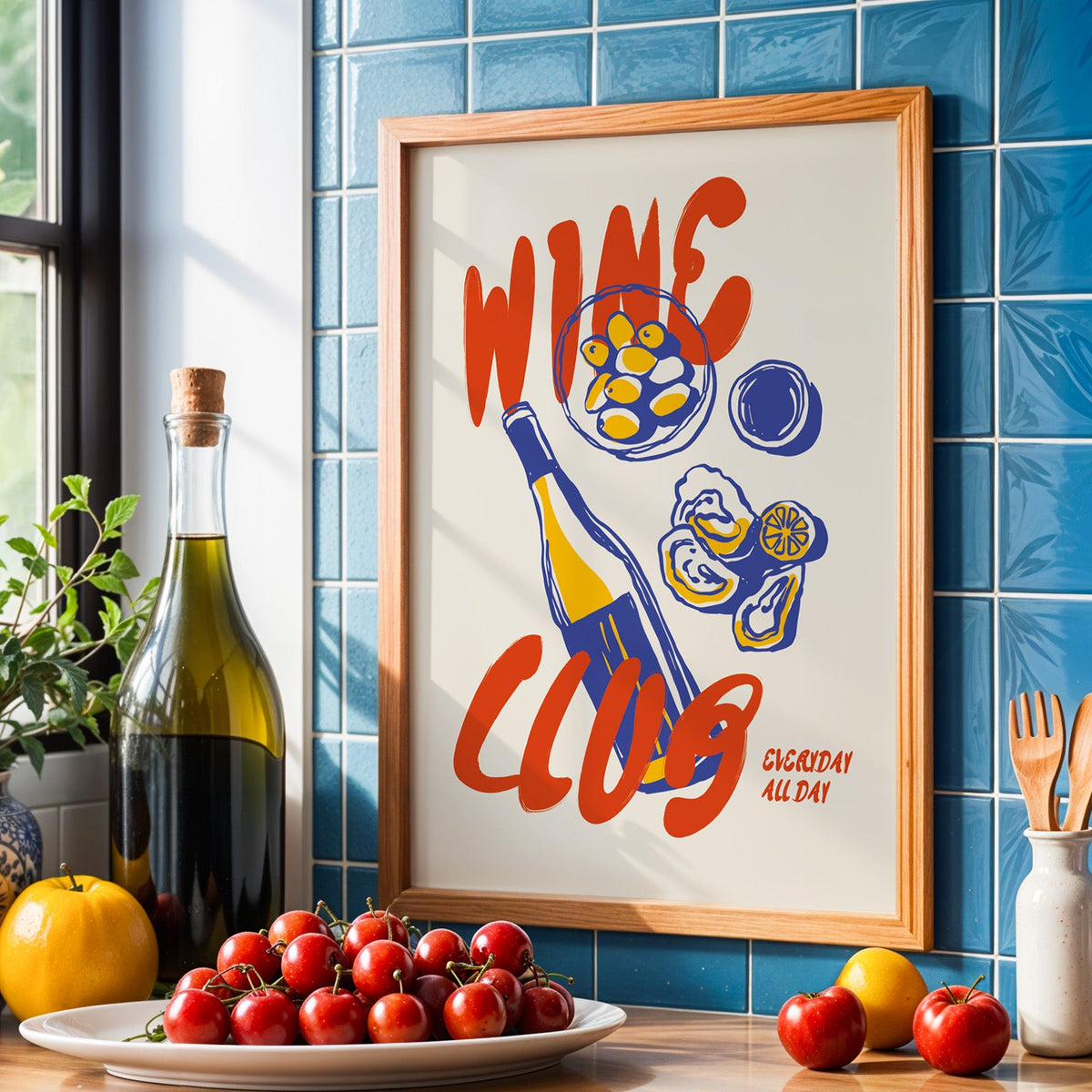 Wine Club oysters print in an oak frame against blue kitchen tiles with olive oil