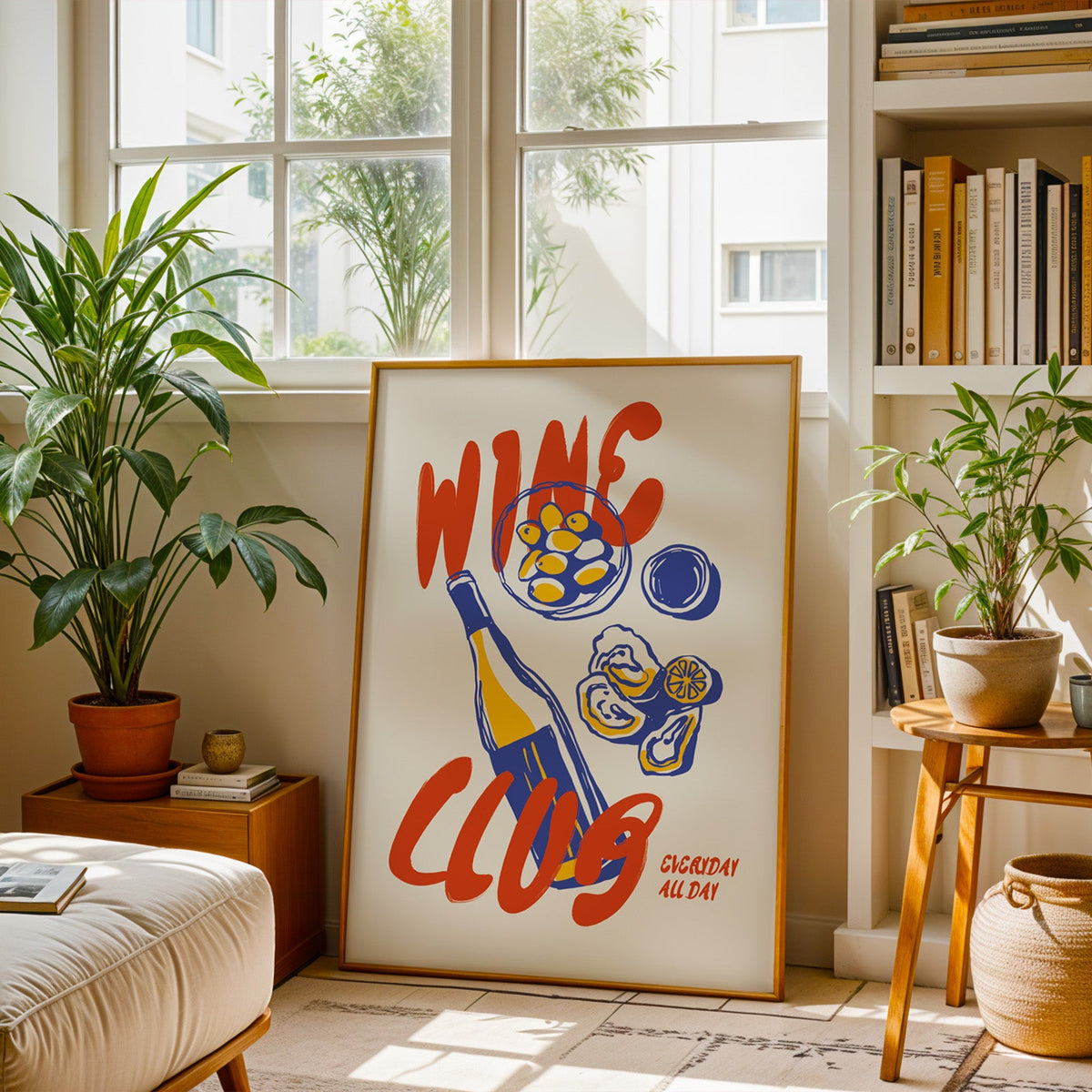 Wine Club oysters print in a brass frame resting on a berber rug in a living room