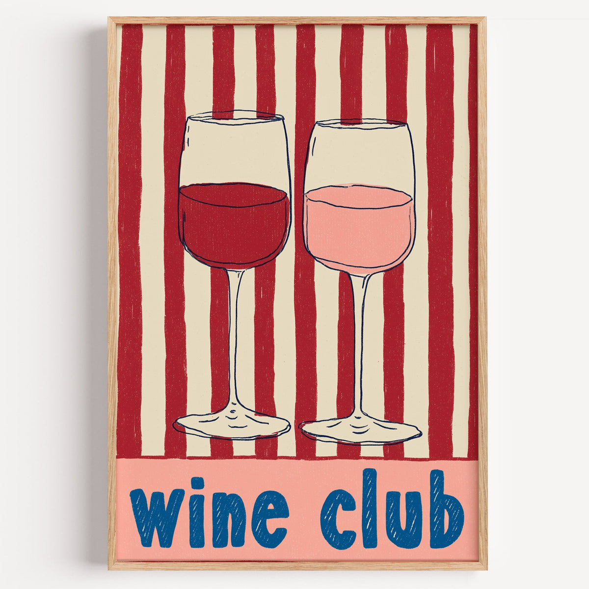 Wine Club red stripe print in a light oak frame on a plain white wall