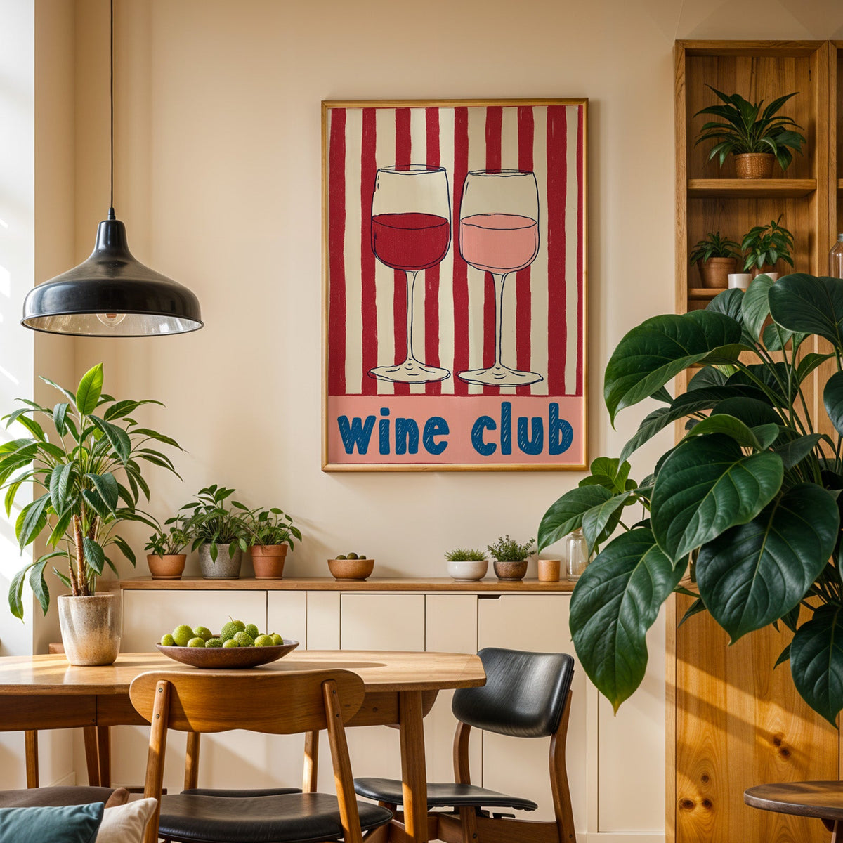 Wine Club print in an oak frame in a dining room above a plant-lined sideboard