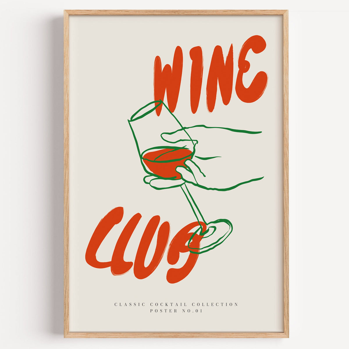 Wine Club tilted glass poster in green line on a plain white background