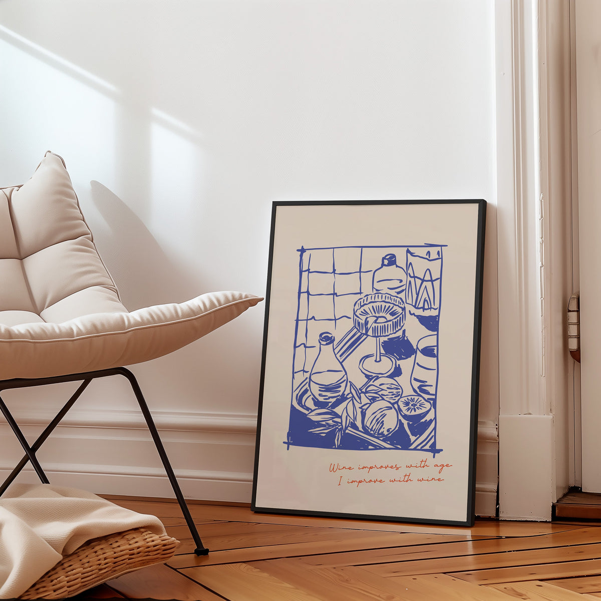 Wine Improves With Age shelf print in a black frame on a parquet floor