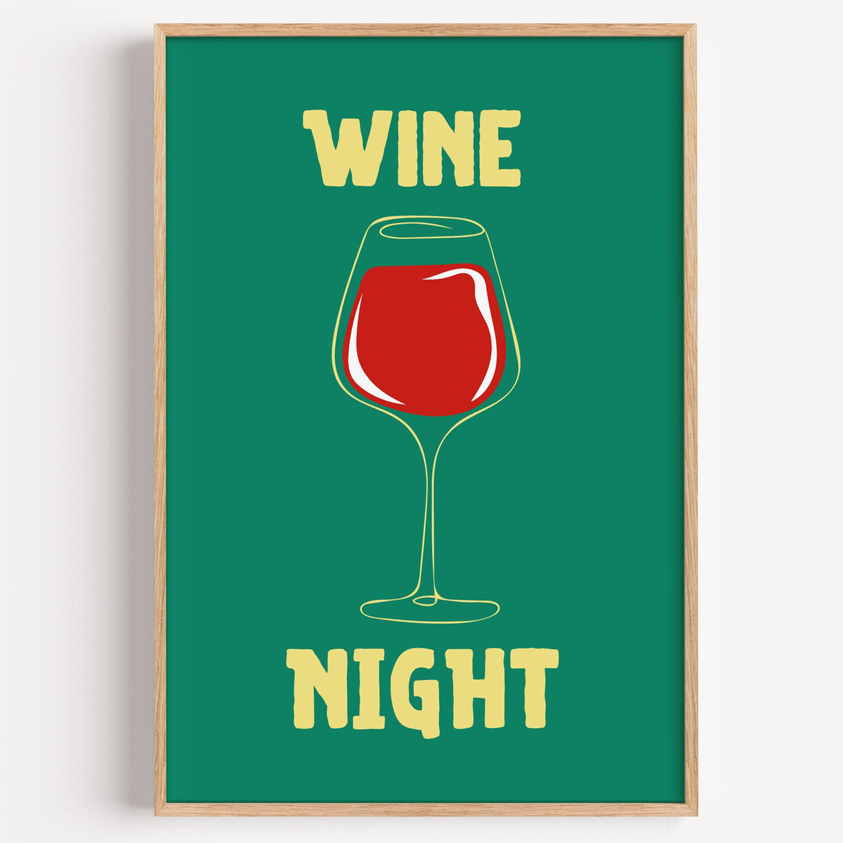 Wine Night red glass print in a light oak frame on a plain white wall