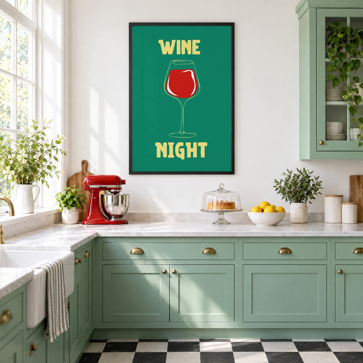 Wine Night red glass print in a black frame in a mint green retro kitchen above a red stand mixer