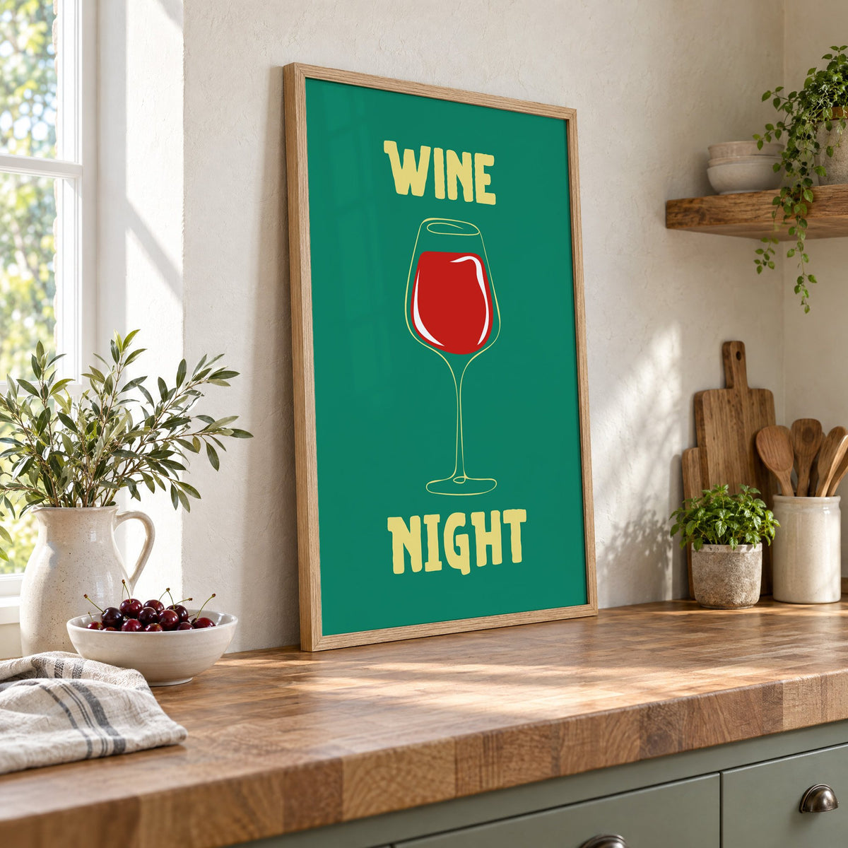 Wine Night red glass print in an oak frame leaning on a butcher block island beside a bowl of cherries