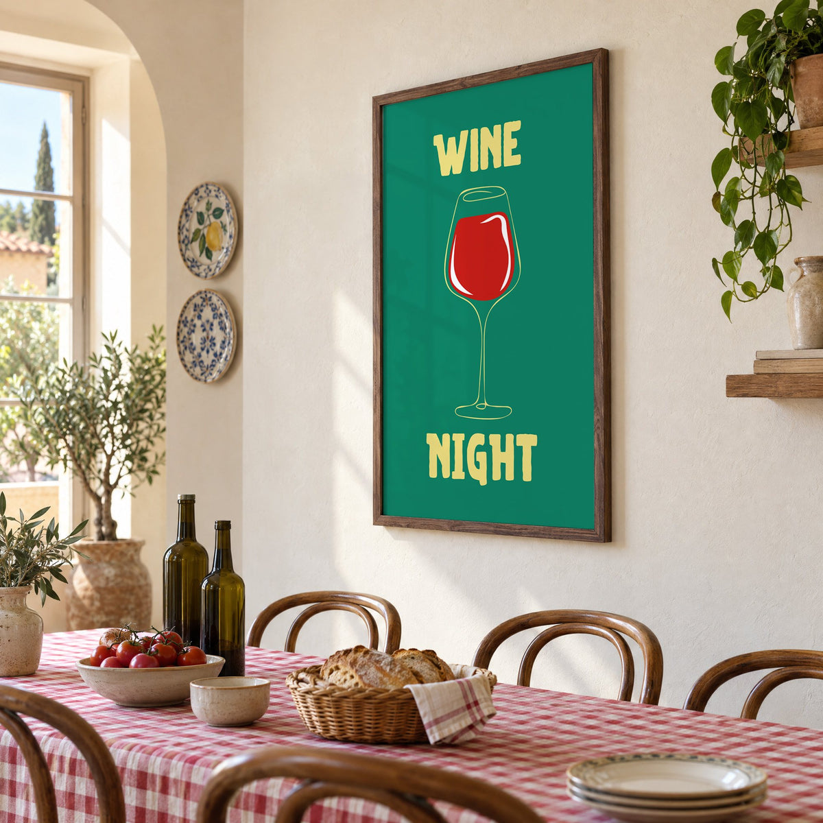 Wine Night red glass print in a walnut frame above a gingham-covered trattoria table, seen at an angle