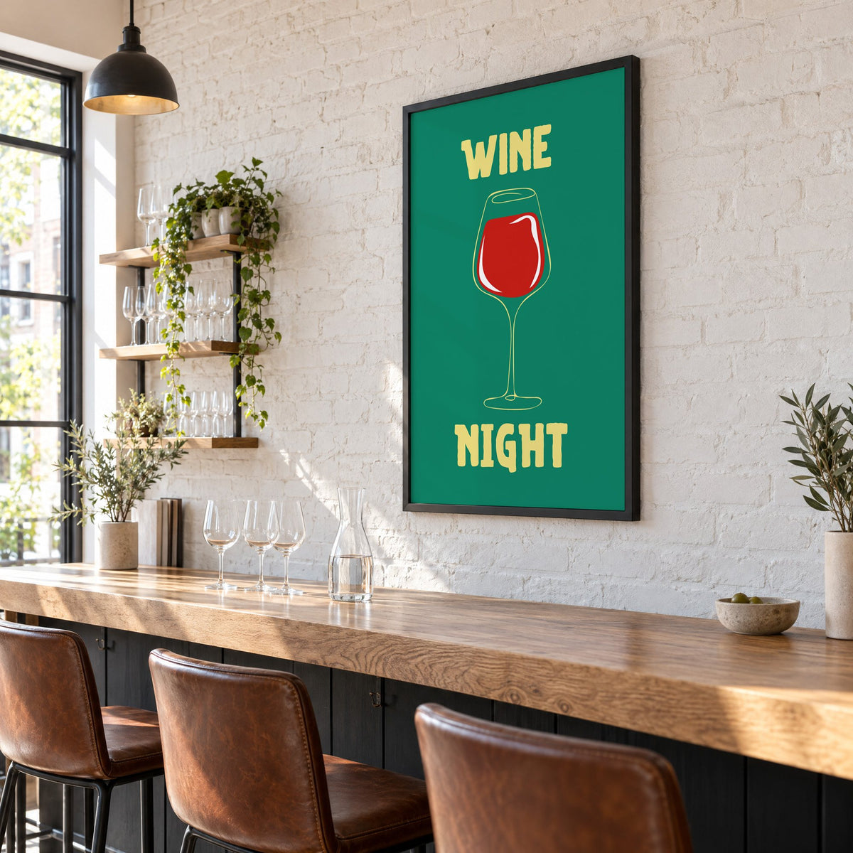 Wine Night red glass print in a black frame on a white brick wall above a wine bar counter