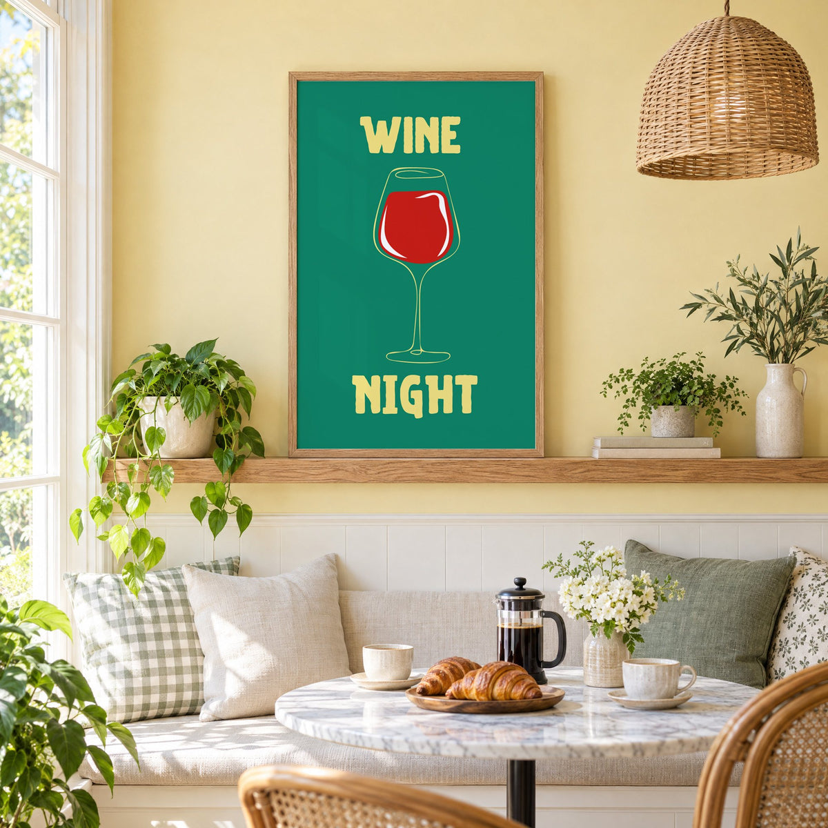 Wine Night red glass print in an oak frame on a picture ledge above a sunny breakfast nook