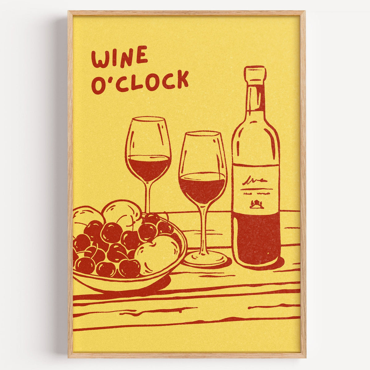 Wine O'Clock yellow table print in a light oak frame on a plain white wall