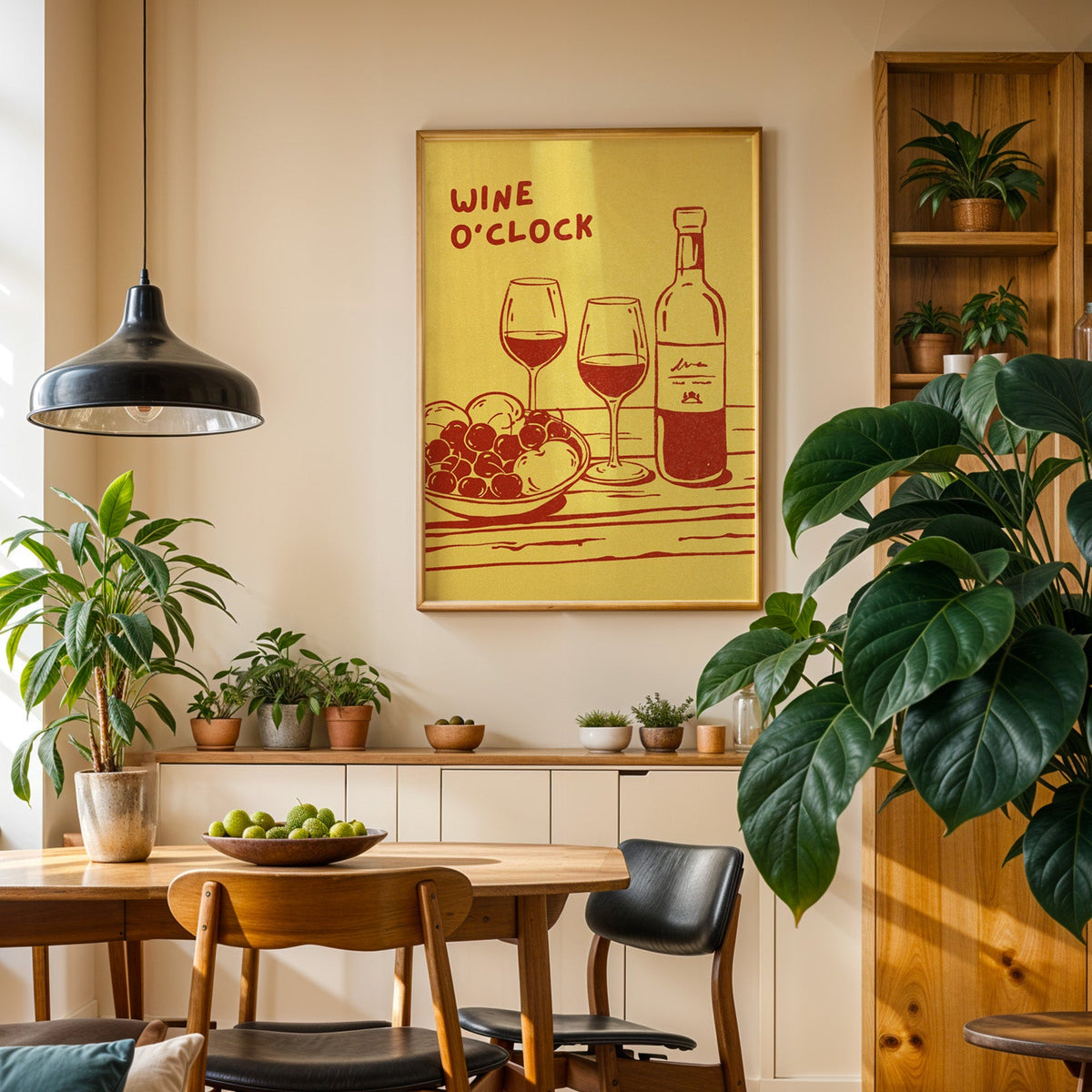 Wine O'Clock print in an oak frame in a dining room above a plant-lined sideboard