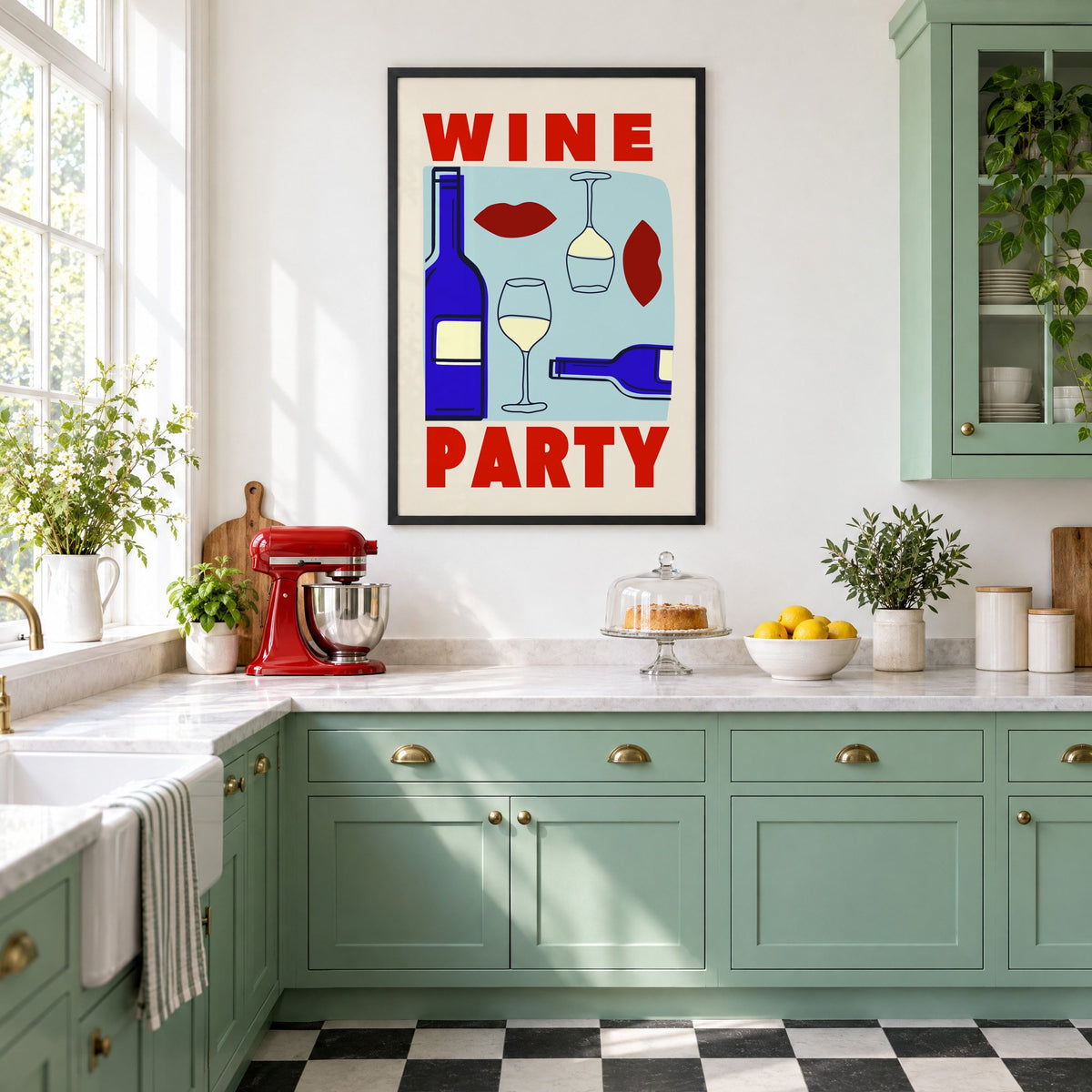 Wine Party bottles and red lips print in a black frame in a mint green retro kitchen above a red stand mixer