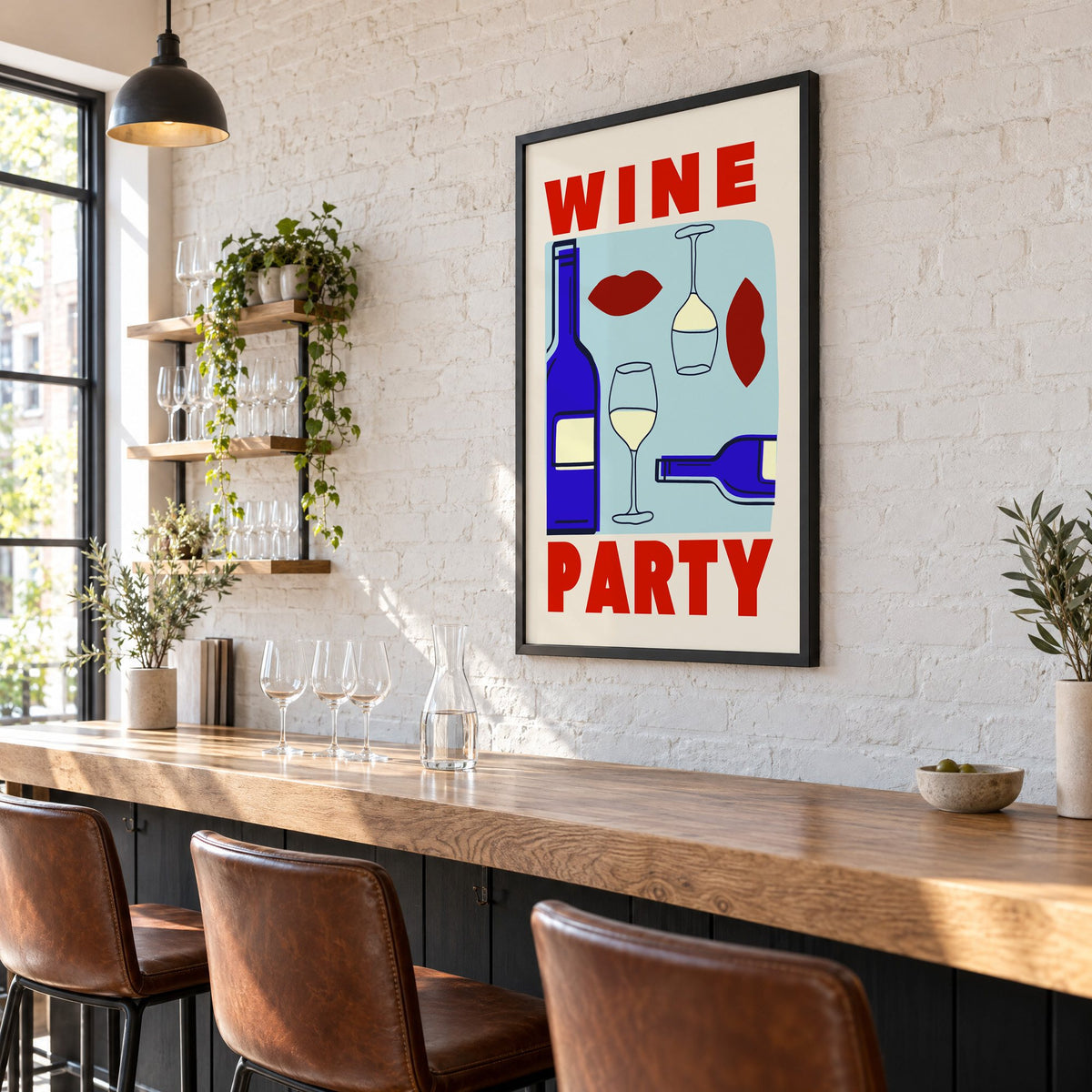 Wine Party bottles and red lips print in a black frame on a white brick wall above a wine bar counter