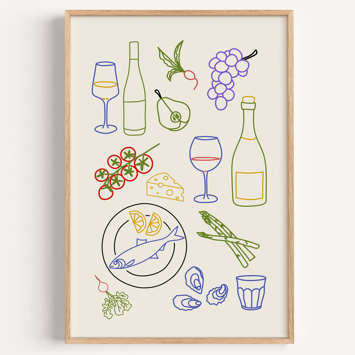 Colorful wine picnic line art print in a light oak frame on a plain white wall