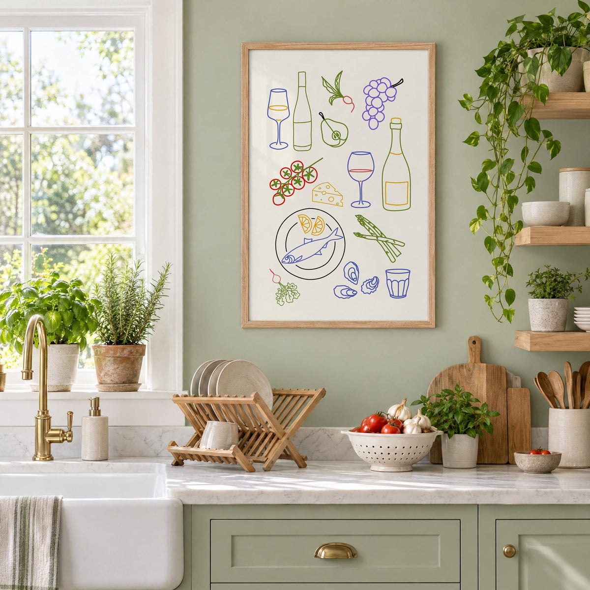 Colorful wine picnic line art print in an oak frame on a sage green kitchen wall beside a farmhouse sink and herbs