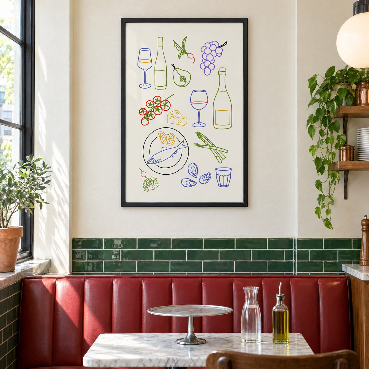 Colorful wine picnic line art print in a black frame above a red leather booth in a sunny pizzeria