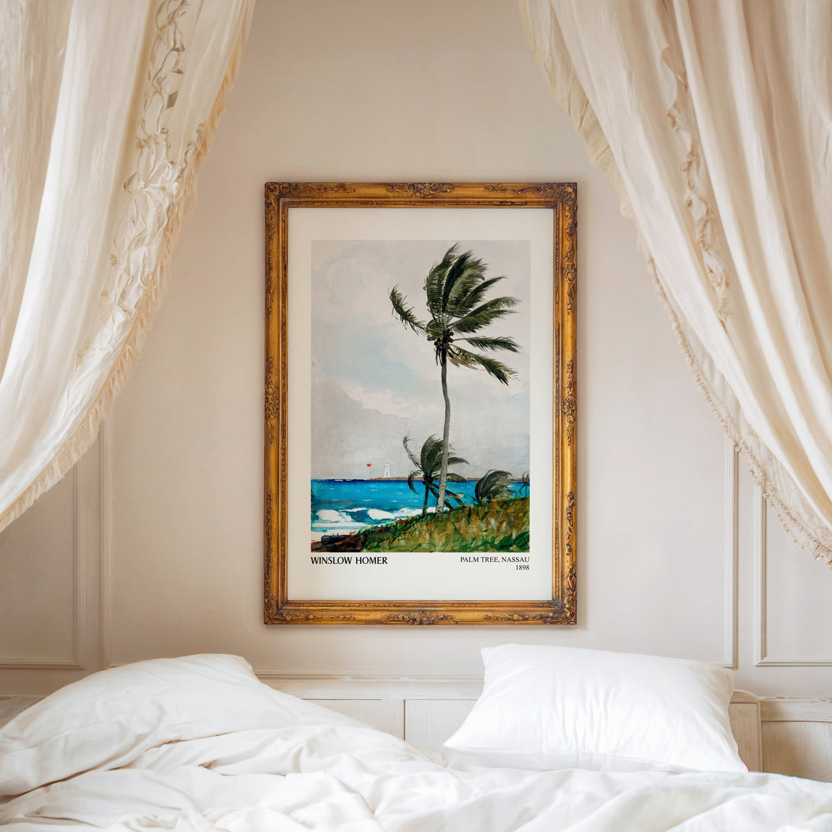 Palm Tree Nassau print shown in an ornate gold frame above a canopy bed