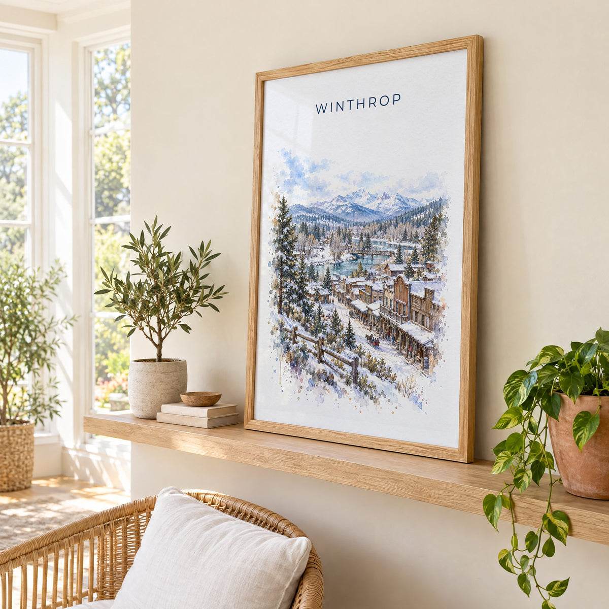 Winthrop, Washington watercolor print in an oak frame on a picture ledge in a sunlit sunroom