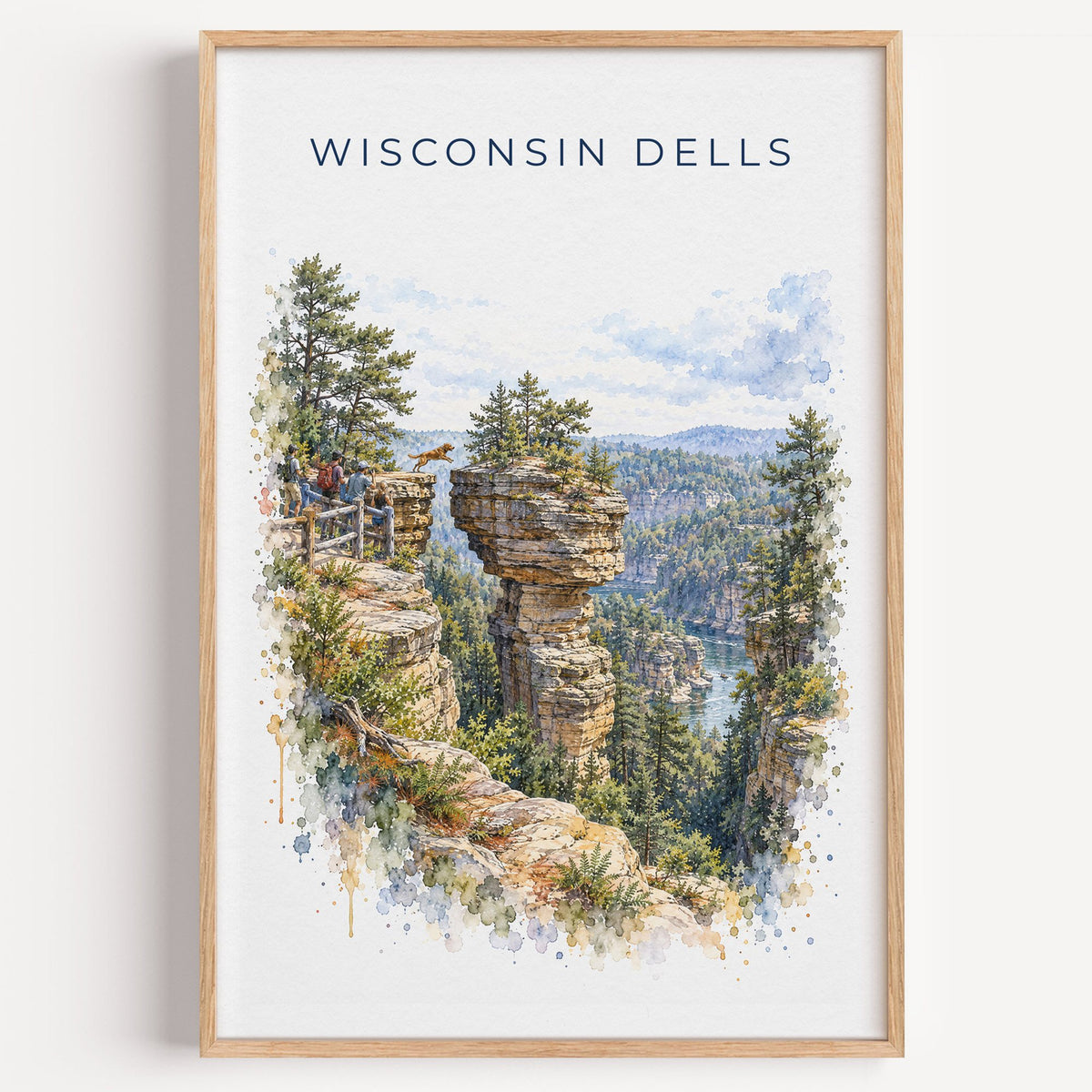 Wisconsin Dells watercolor print in a light oak frame on a plain white wall