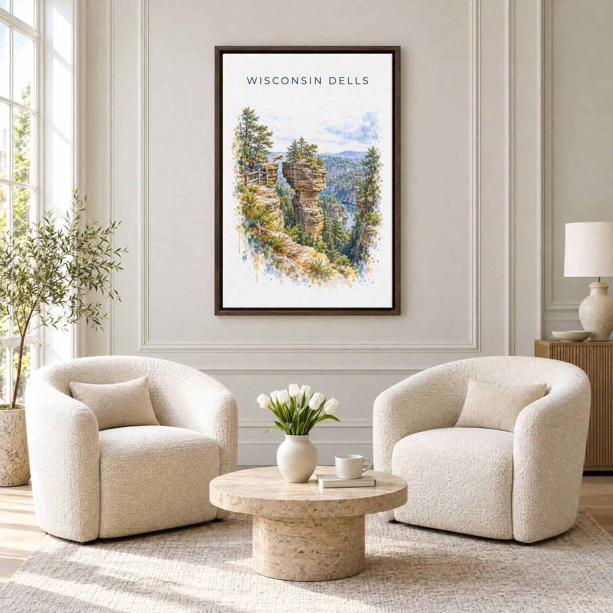 Wisconsin Dells watercolor print as an espresso floater canvas above two boucle armchairs in a hotel lounge