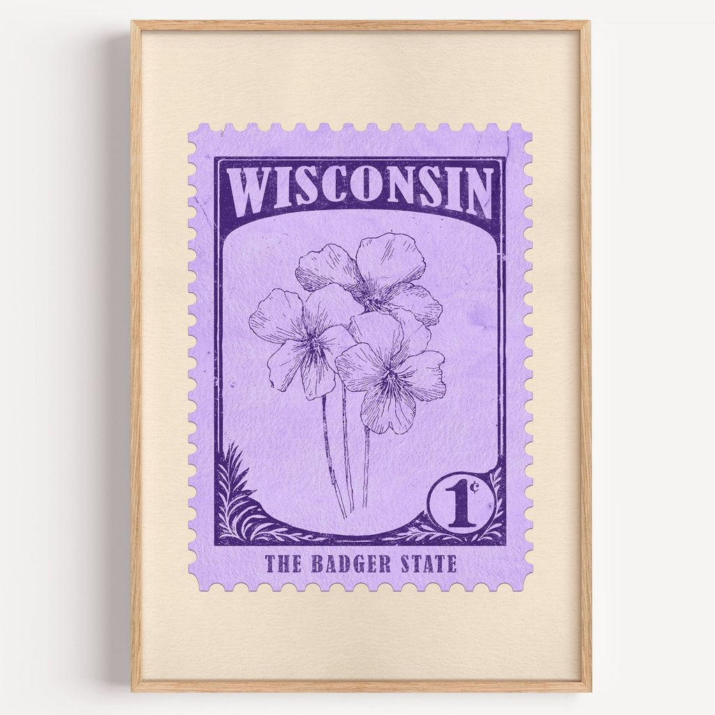 Wisconsin state flower stamp print in violet on lavender, light oak frame on a plain white wall
