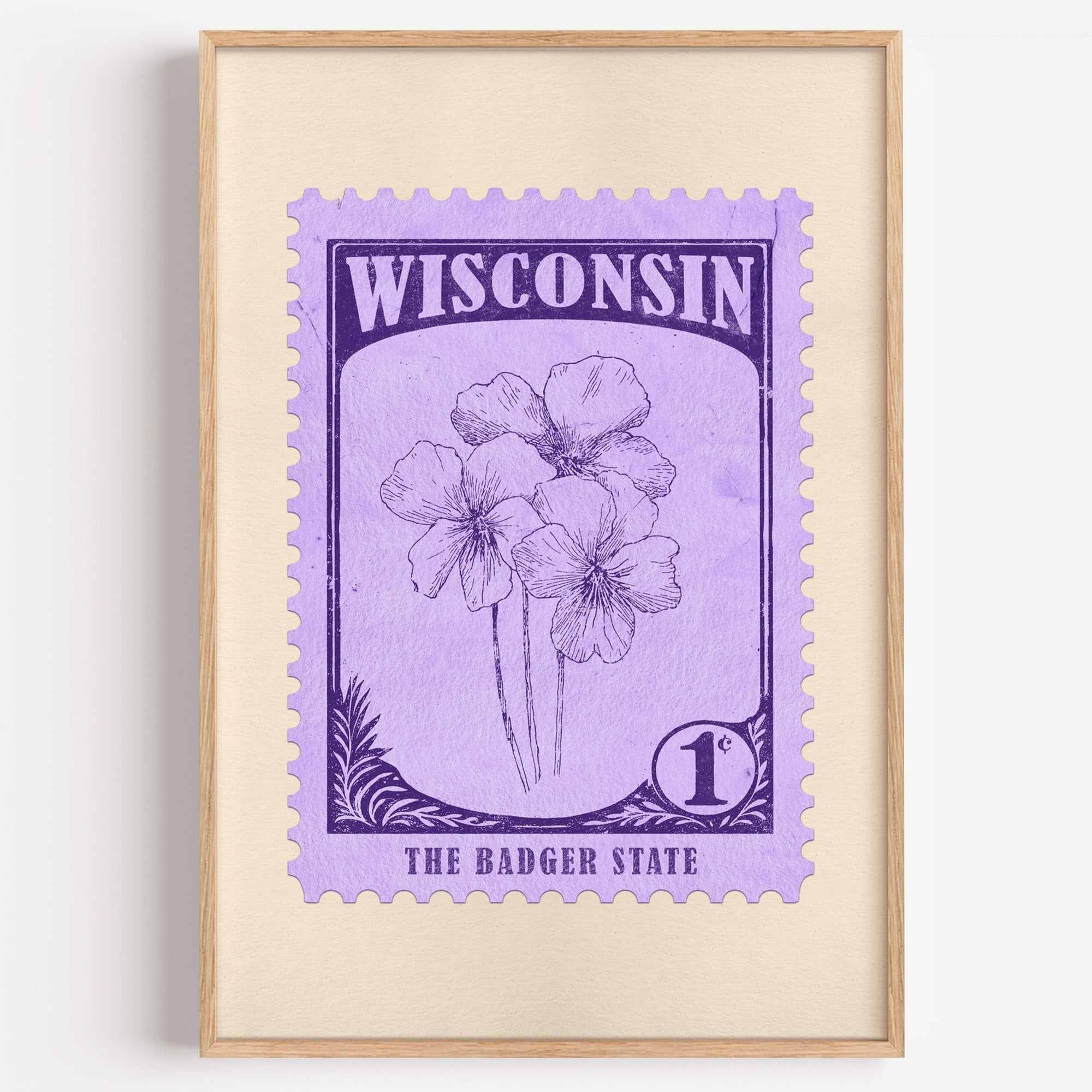 Wisconsin state flower stamp print in violet on lavender, light oak frame on a plain white wall