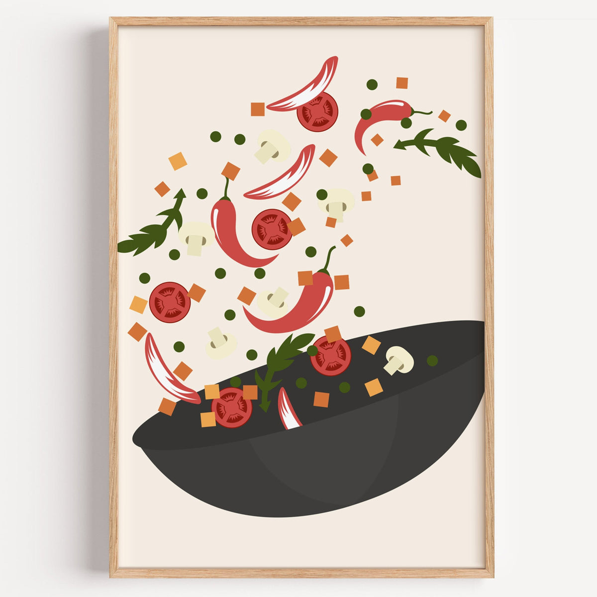 Wok toss chilli and vegetables print in a light oak frame on a plain white wall