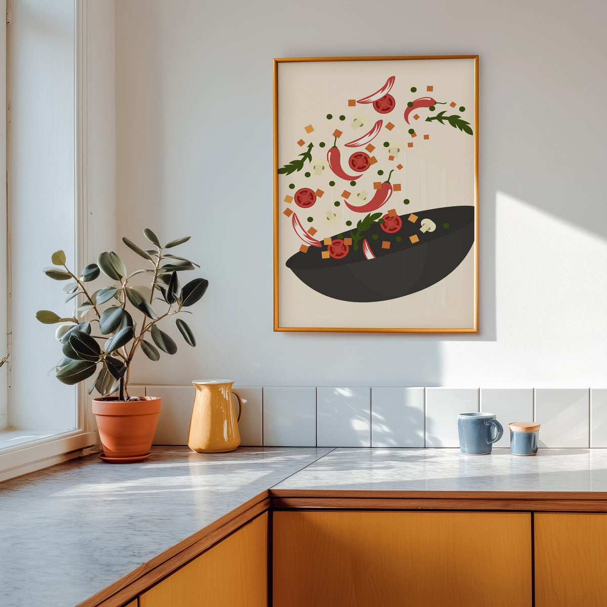 Wok toss print shown in a gold frame above a marble counter with a yellow ceramic jug