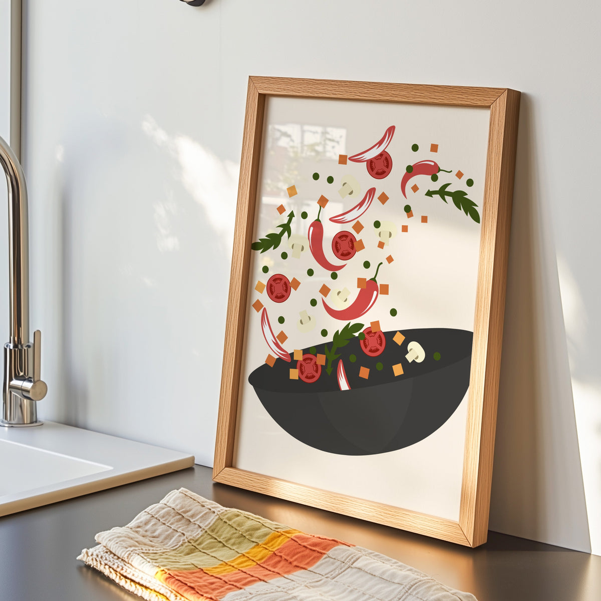 Wok toss print in an oak frame by the kitchen sink beside a striped tea towel