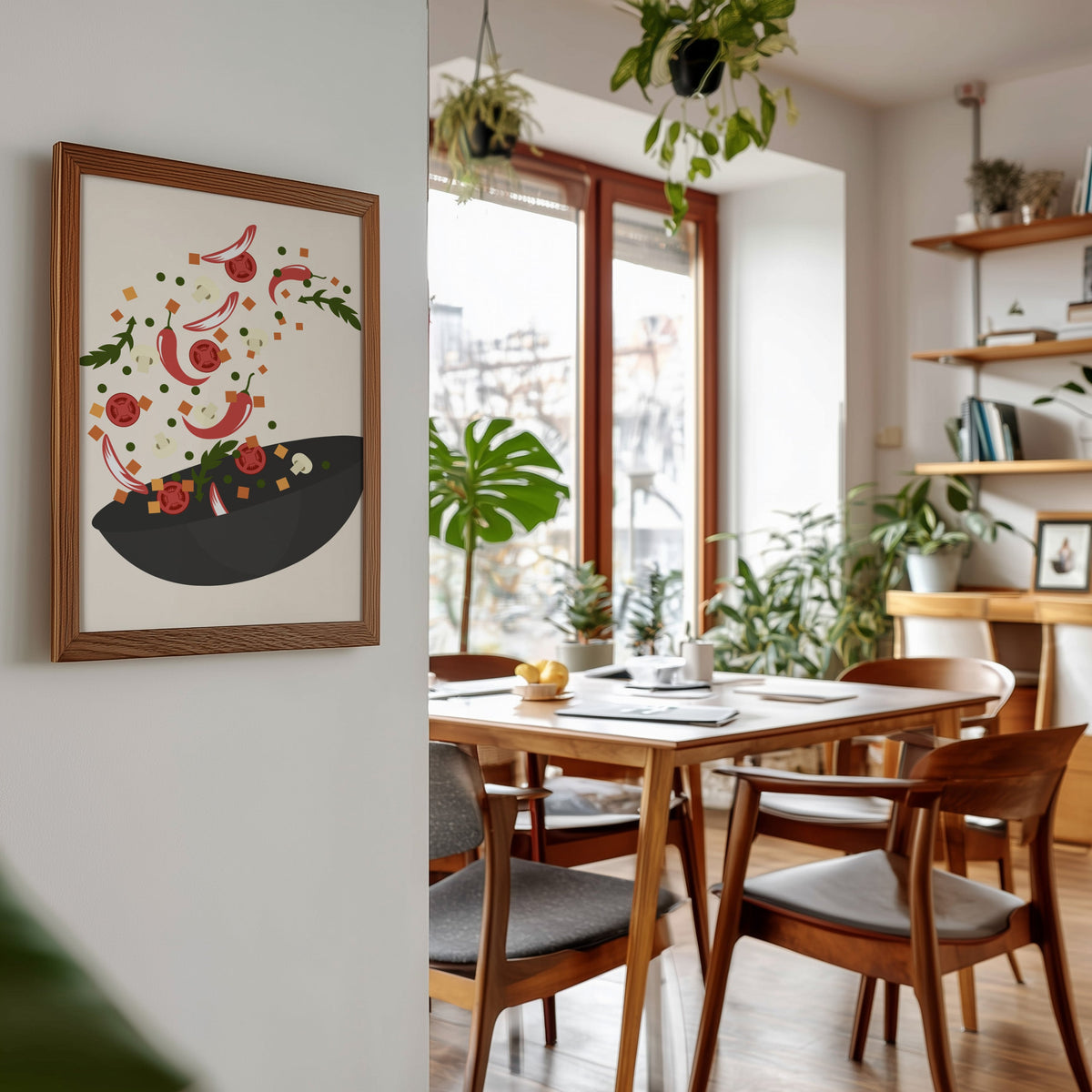 Wok toss print in a walnut frame beside a mid-century dining table