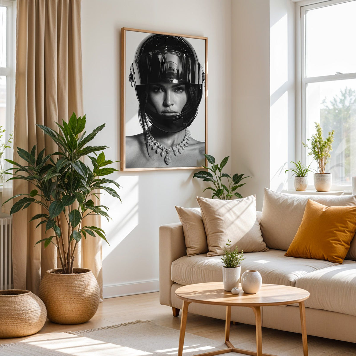 Woman in glossy black helmet and diamond necklace print in an oak frame above a cream sofa beside woven planters
