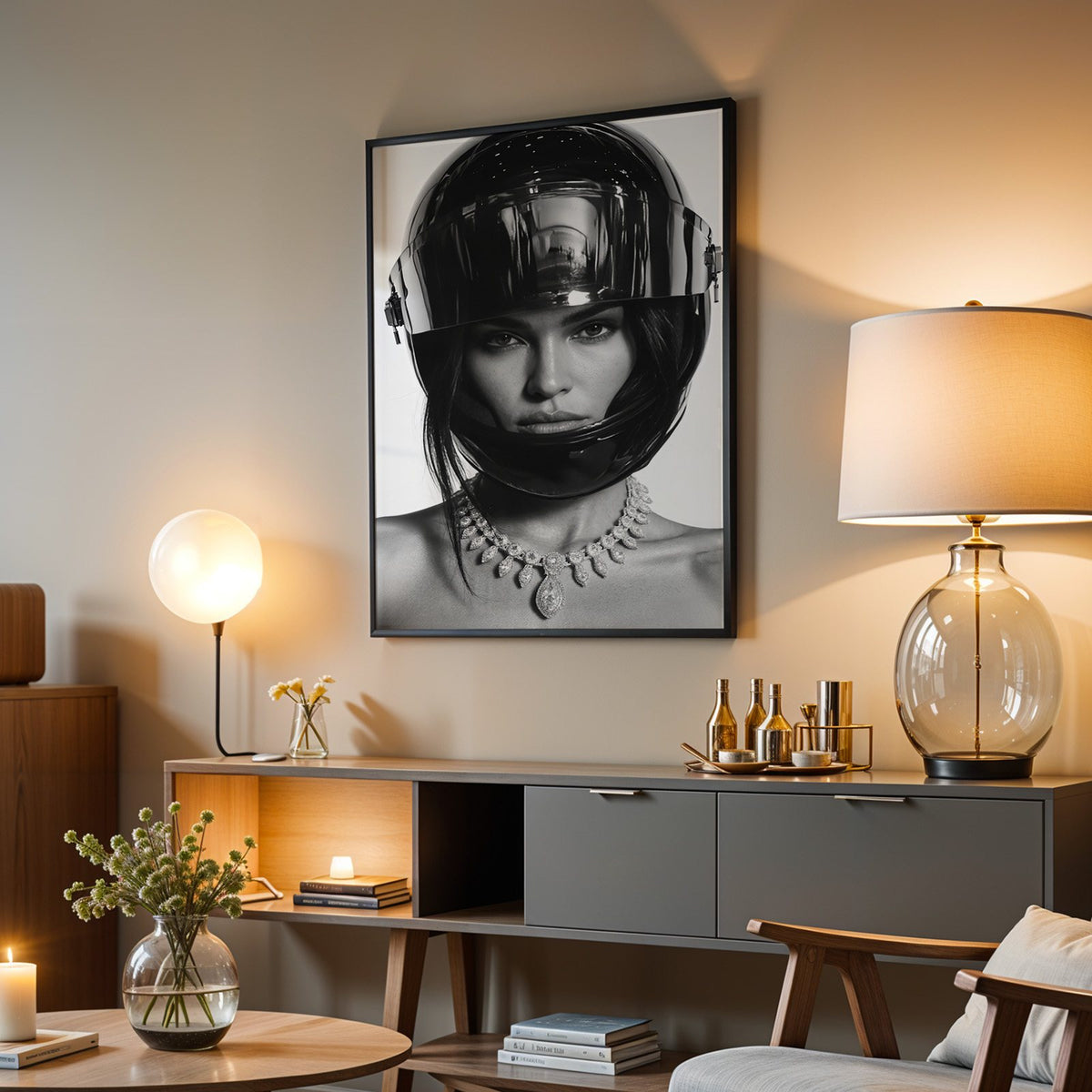 Woman in glossy black helmet and diamond necklace print in a black frame above a grey media console with a glass table lamp