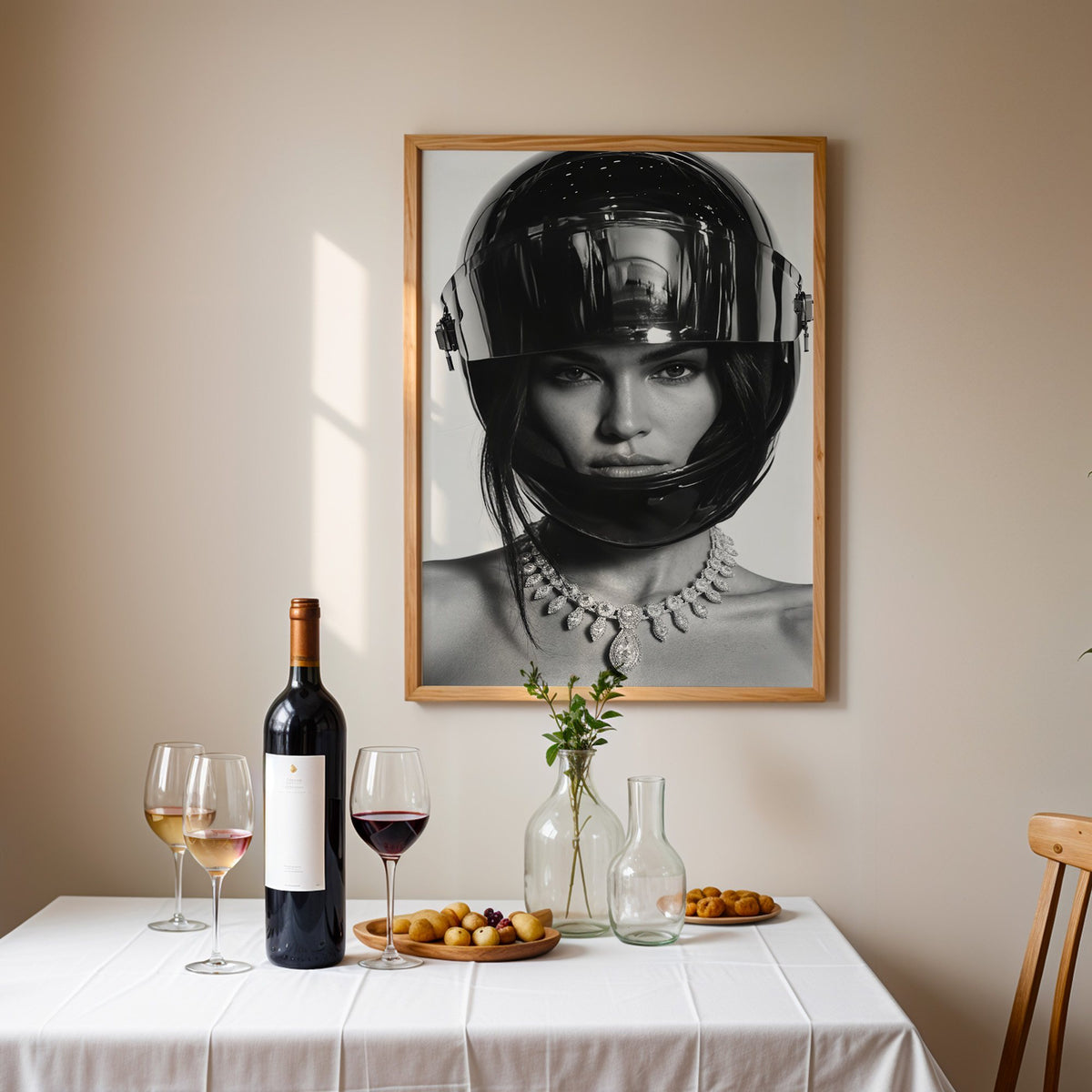 Woman in glossy black helmet and diamond necklace print in an oak frame above a table set with red wine and glasses