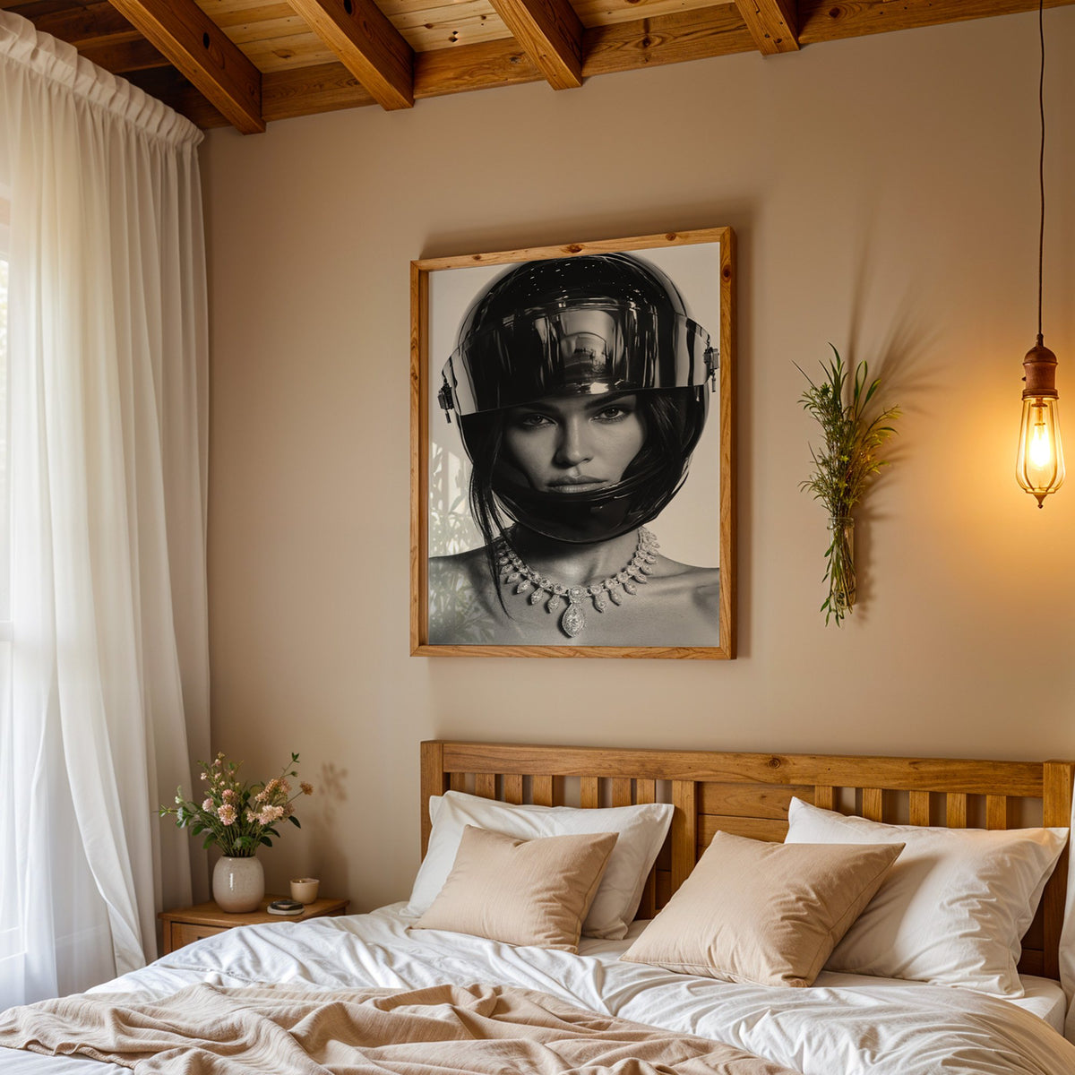 Woman in glossy black helmet and diamond necklace print in a pine frame above a wood headboard bed under a pendant bulb