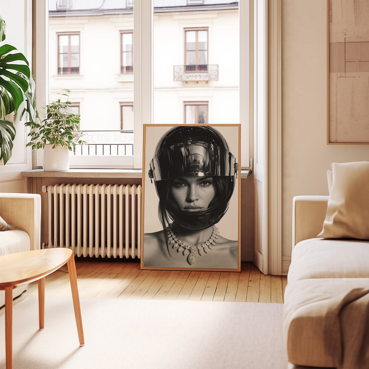 Woman in glossy black helmet and diamond necklace print in an oak frame leaning by a French window in a living room