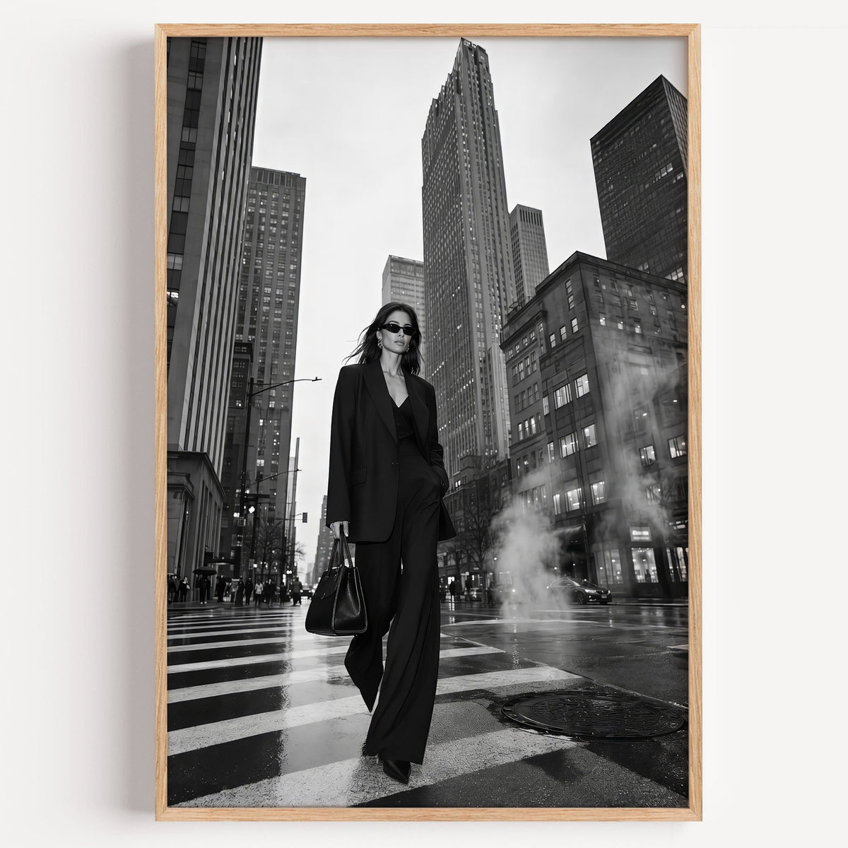 Woman in black suit on New York crosswalk print in a light oak frame on a plain white wall