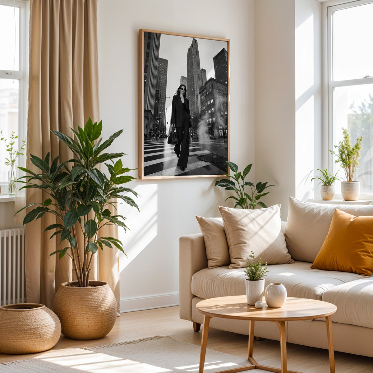 Woman in black suit on New York crosswalk print in an oak frame above a cream sofa beside woven planters