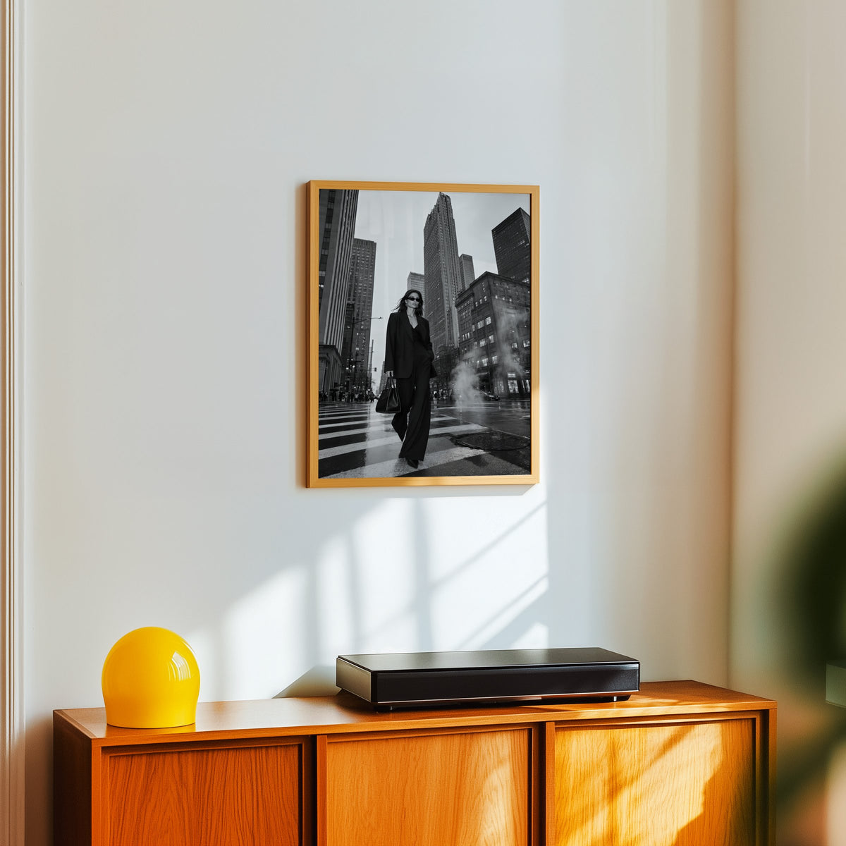 Woman in black suit on New York crosswalk print in an oak frame above a teak sideboard with a yellow glass lamp