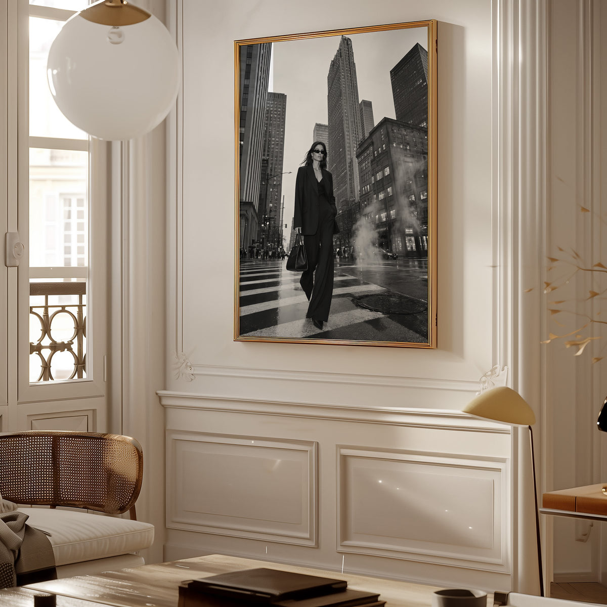 Woman in black suit on New York crosswalk print shown in a gold frame in a Parisian paneled living room